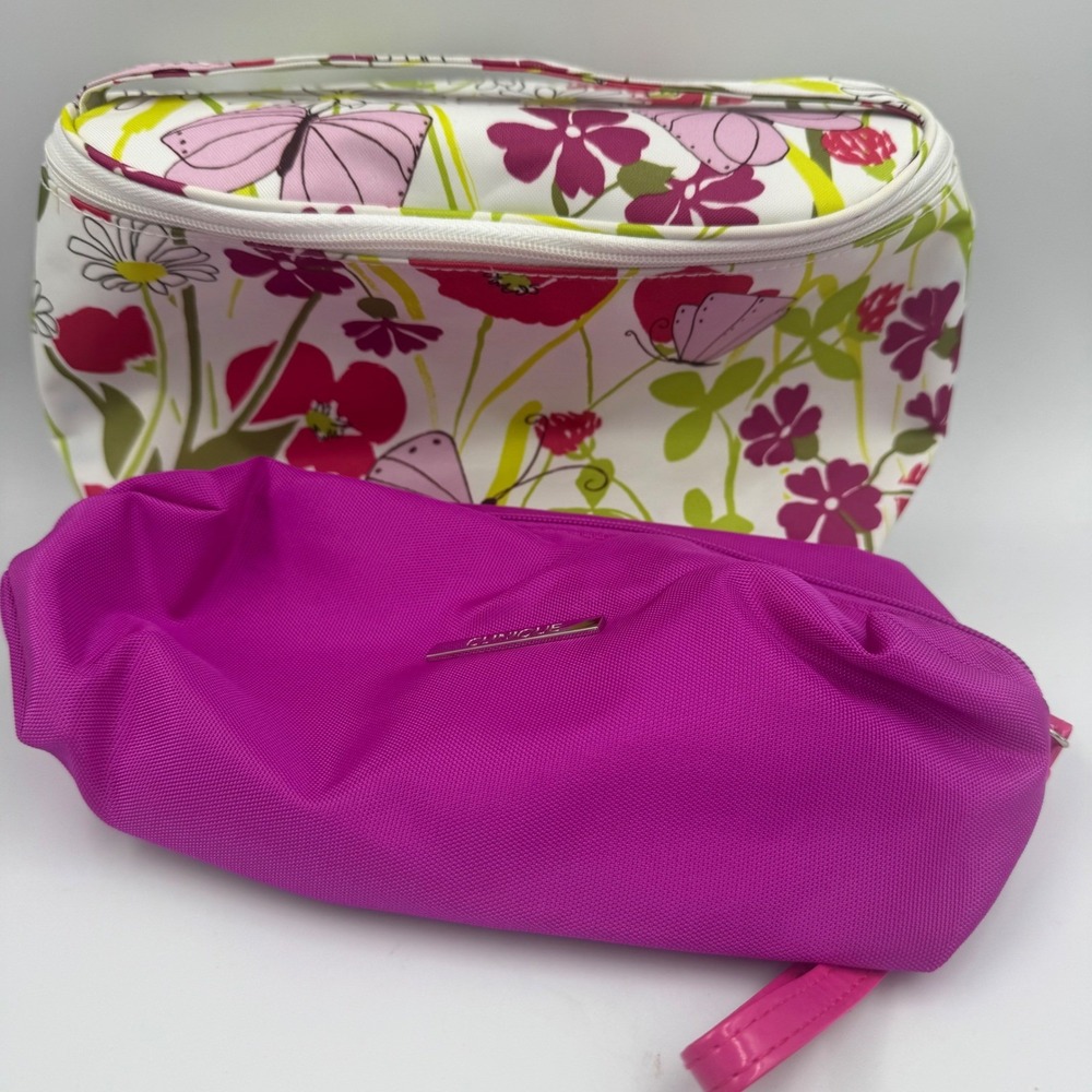 Clinique Makeup Bag Set of 2 Women OS Magenta Floral Butterfly‎ Travel Cosmetic